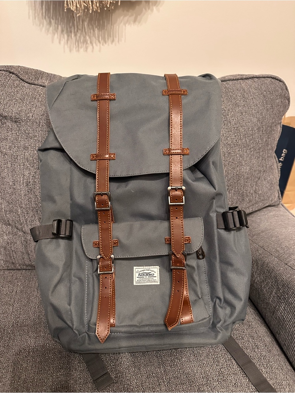 Grey Canvas Men's Backpack with Brown Leather Straps -